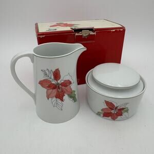 Vintage Cream and Sugar Poinsettia by Block NOS with Box
